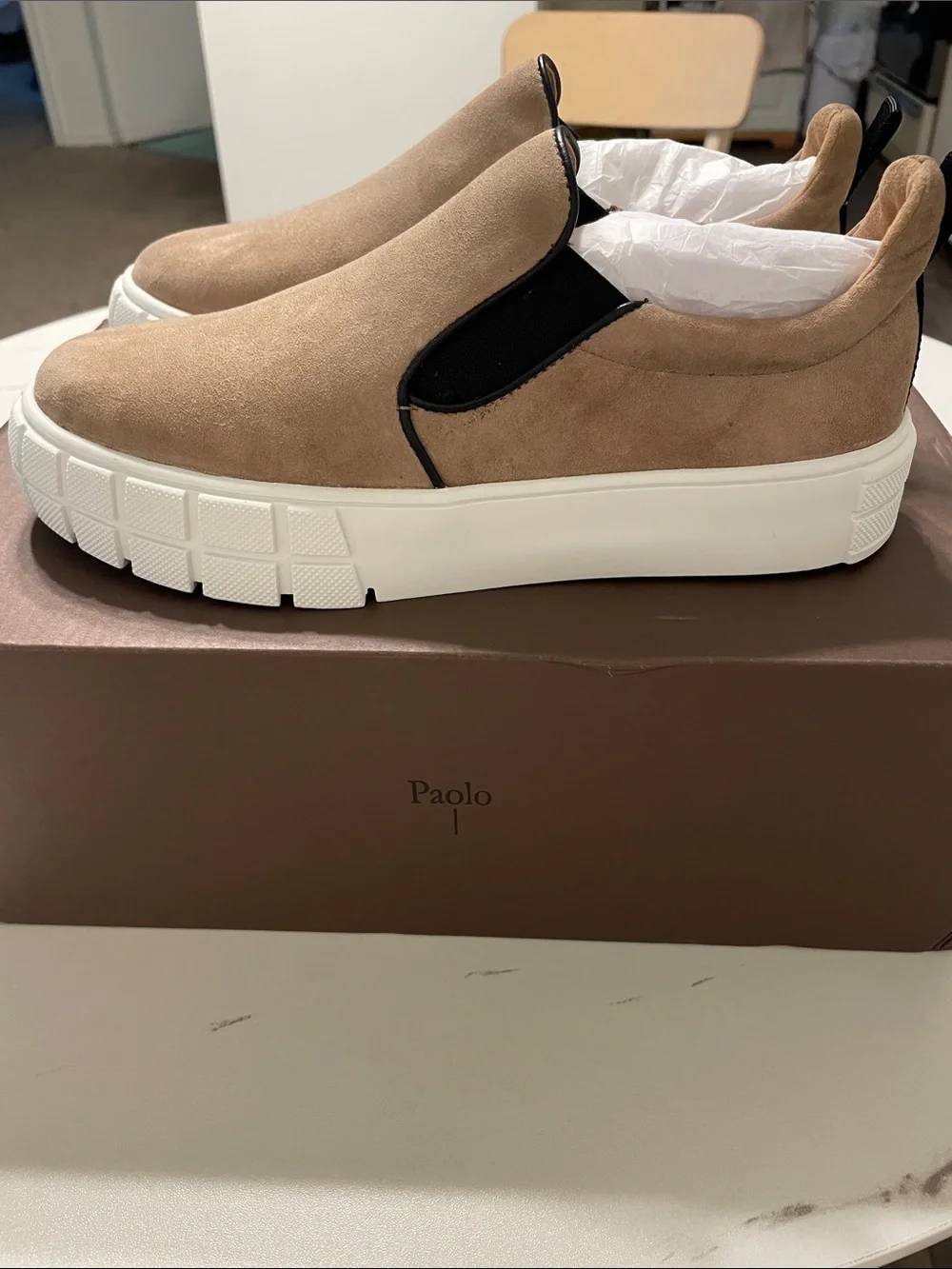 PAOLO Kenny Khaki NEw in BoxSuede Women Slip-On Suede Sneakers in Taupe Sz 6 1/2